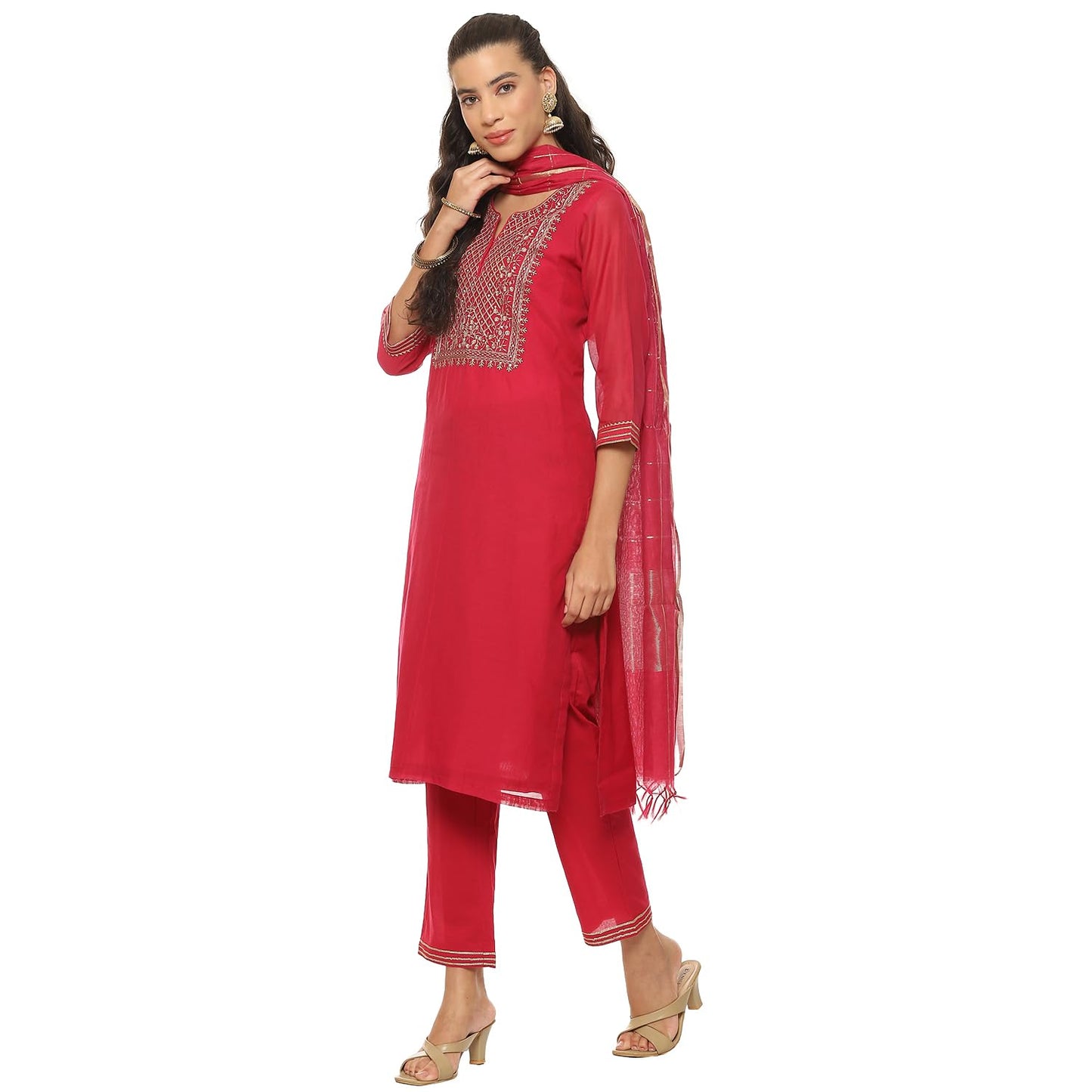 BIBA Women EMBROIDRED Straight SALWAR KURTA DUPATTA(SKDASSORTED8907_FUCHSIA_32)