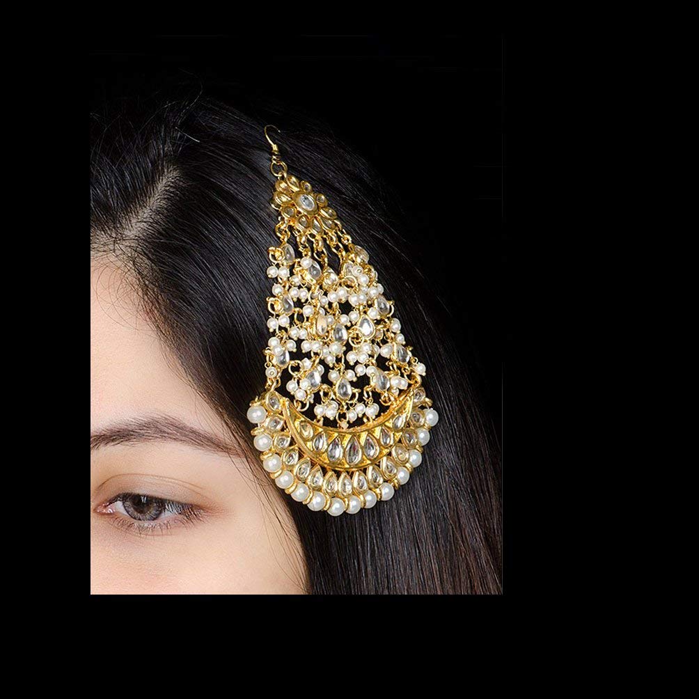 Abhaah Kundan Gold Non-Precious Metal Jhumar Passa/Jhoomar Maang Tikka/Brooch Hair Chain for Women and Girls