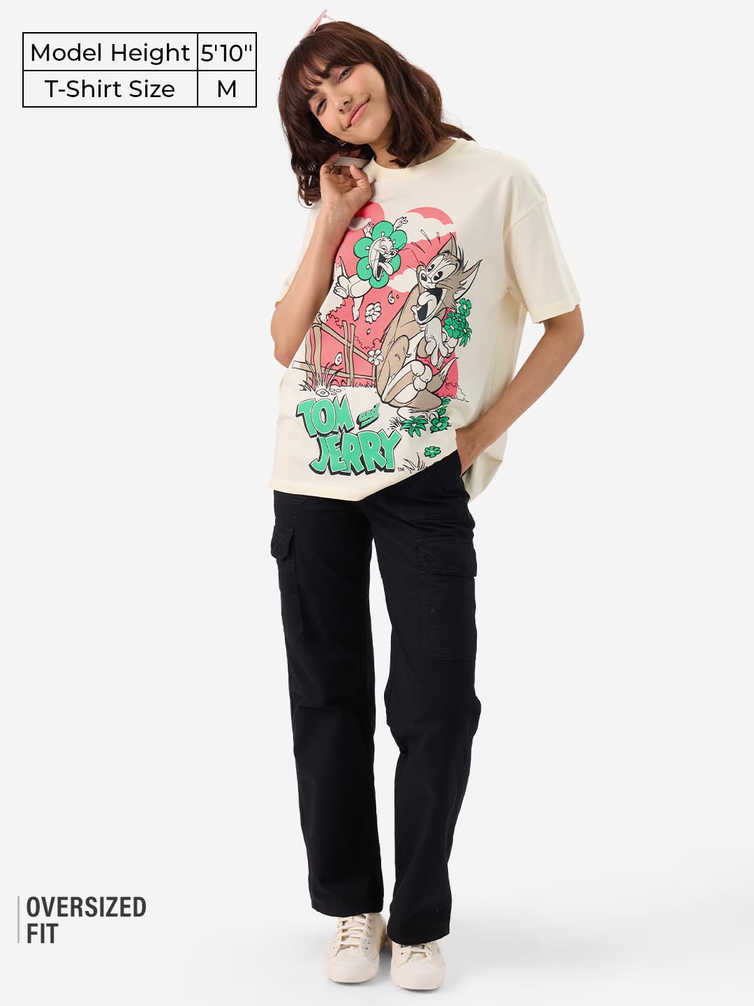 The Souled Store Official Tom and Jerry: Boom! Women and Girls Short Sleeve Round Neck Off-White Graphic Printed Cotton Oversized Fit T-Shirts Oversized T Shirts for Women T-Shirt Girls Cotton