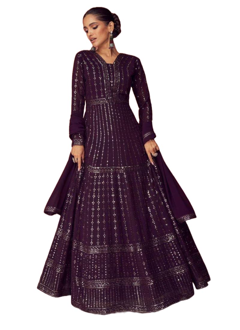 Miss Ethnik Women's Faux Georgette Full Sleeve Stitched Embroidered Floor Length Purple Anarkali Maxi Gown with Dupatta (ME-1106-Purple-L)