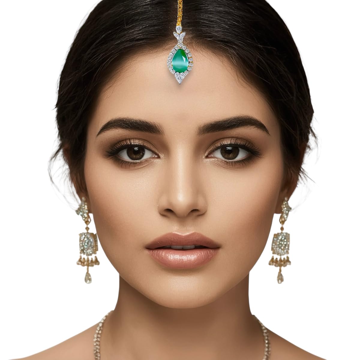 Traditional Indian Maang Tikka, Gold-Plated Chain American Diamond CZ Stones For Girls and Women (Mint Diamond)