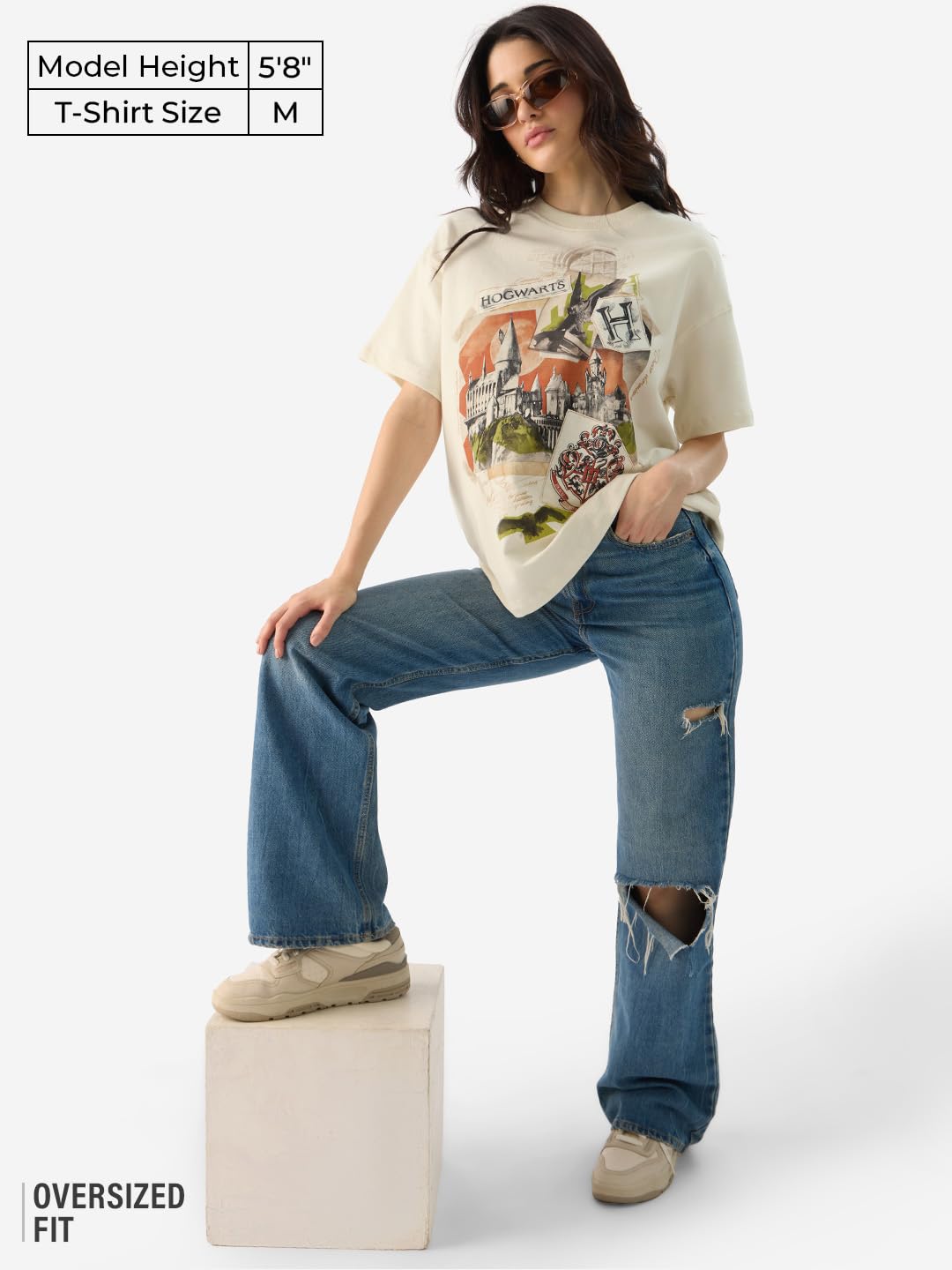 The Souled Store Official Harry Potter: Hogwarts Women and Girls Short Sleeve Round Neck Off White Graphic Printed Cotton Oversized T-Shirts