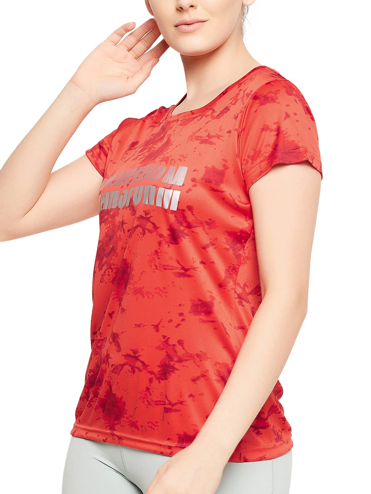 Clovia Women's Comfort-Fit Active Text Print T-Shirt with Reflective Sticker (AT0179P04_Red_M)