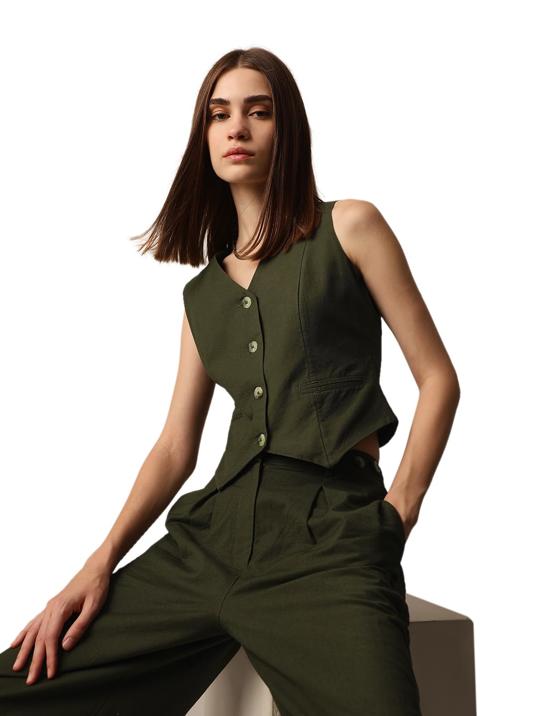 ONLY Women's Regular Fit Dark Green Waistcoat