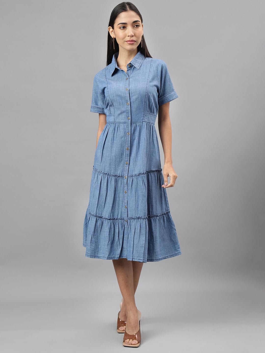 Latin Quarters Women Blue Denim Solid Knee-Length Shirt Dress with Collar Neck Half Sleeves and Button Closure in Cotton Viscose Fabric