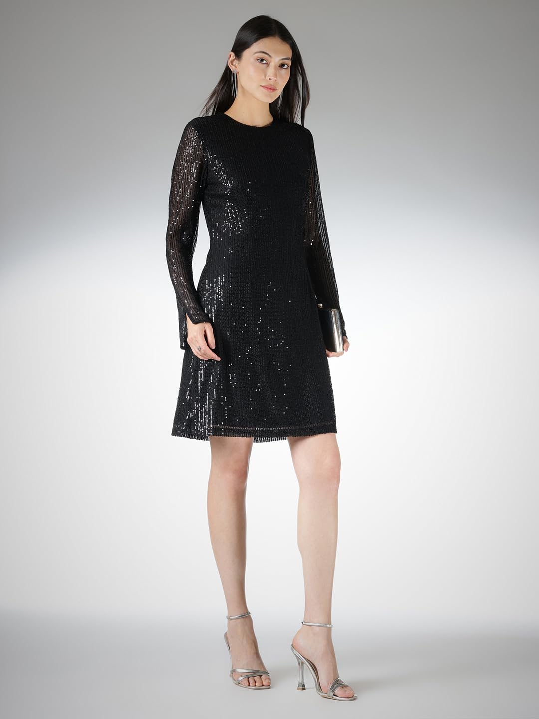 FableStreet Women Party Dress | Slim Fit A-Line Above Knee Length | Sequined Fabric, Round Neck, Full Sleeves with Slits | Perfect for Evening & Cocktail Occasions | Black