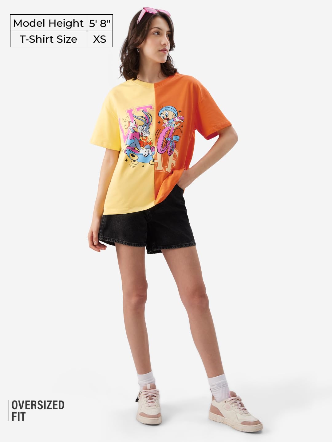 The Souled Store Official Looney Tunes: Lit Af Women and Girls Short Sleeve Round Neck Orange and Yellow Graphic Printed Cotton Oversized T-Shirts