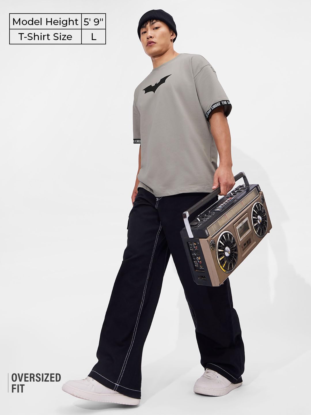 The Souled Store Official Batman: Logo Men and Boys Short Sleeves Round Neck Grey Graphic Printed Cotton Oversized T-Shirts