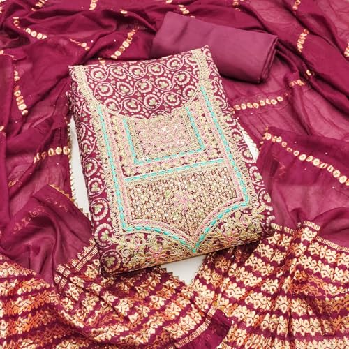 Leeli Peeri Designer Women's Chanderi Floral Printed Embroidery Work Unstitched Salwar Suit Dress Material