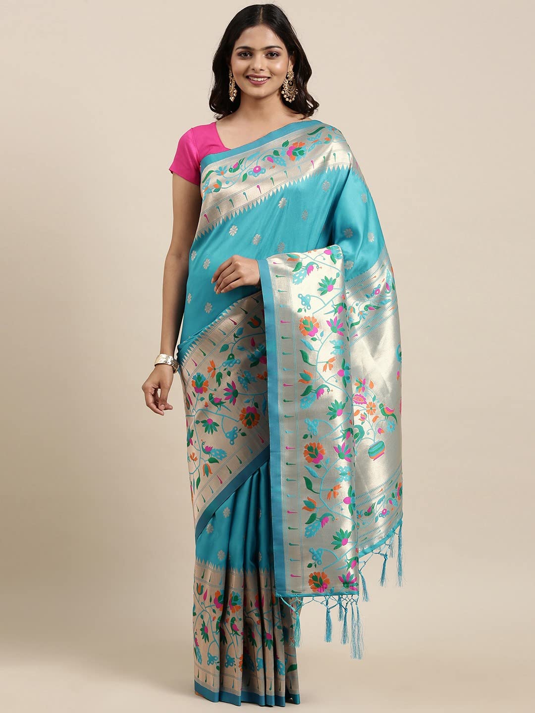 Pandadi Saree Women's Paithani Silk Saree With Blouse Piece (371PS1_Blue)