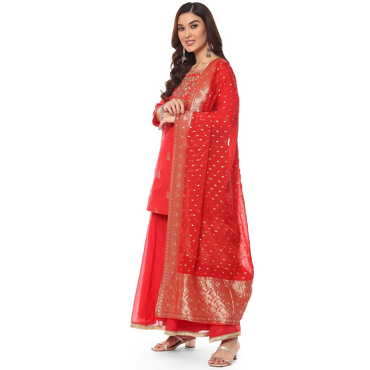 BIBA Cotton Women Embroidery Relaxed Salwar Kurta Dupatta (SKDBANARAS8143_RED_38), XL