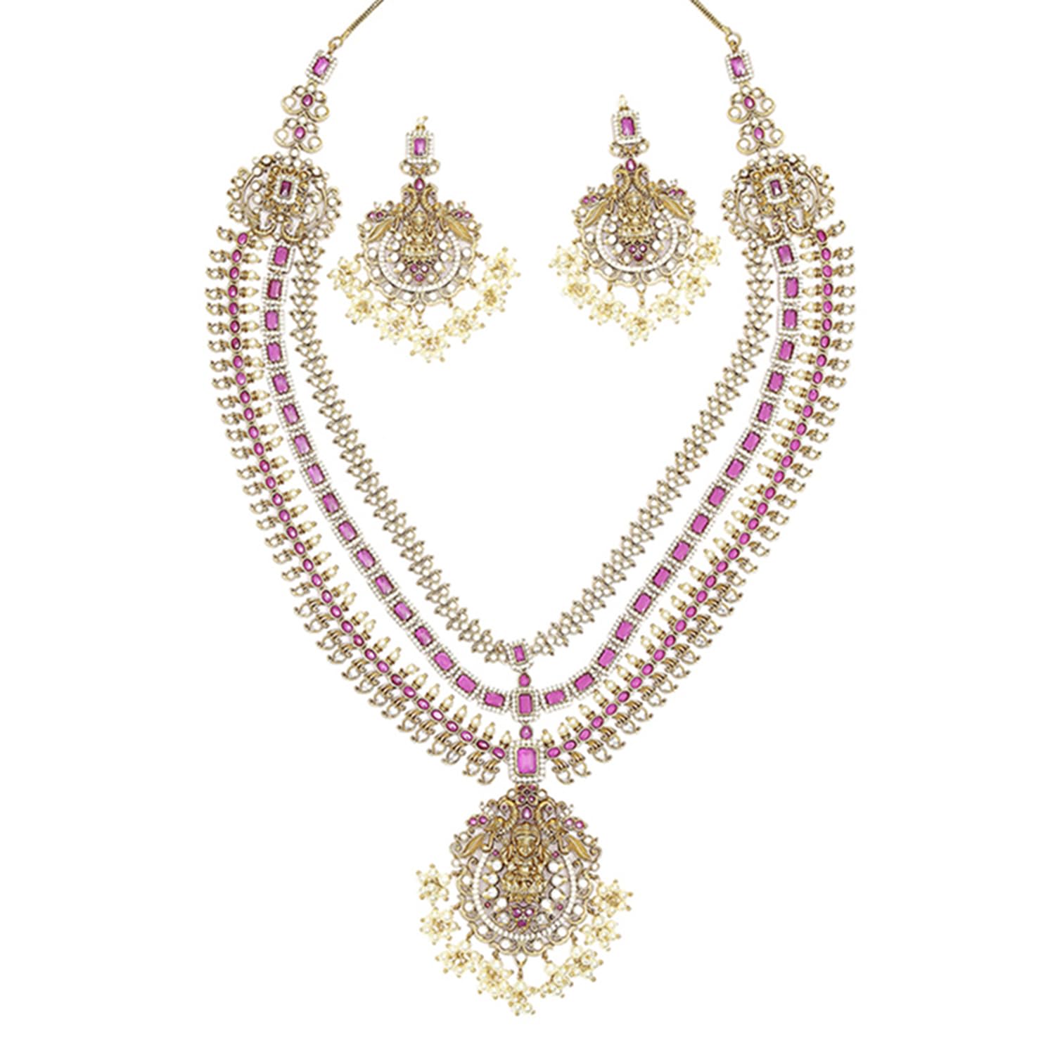 VOYLLA Antique Inspired Opulent CZ and Faux Pearls Multi-Strand Brass Gold  Plated Jewellery Set