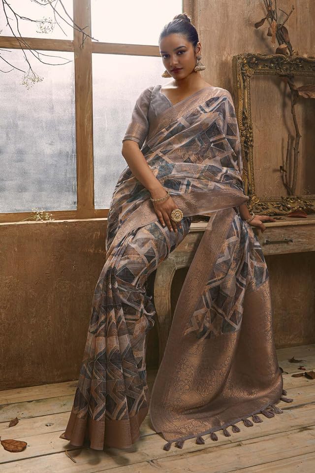 Soch Womens Grey Tussar Silk Saree With Geometric Print And Zari Woven Designs