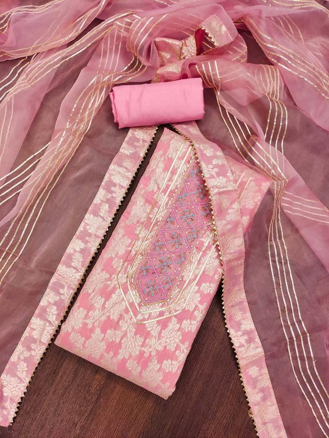 VARNI FABRICS Jacquard with Handwork Dress Material for Women Floral Unstitched Woman Salwar Suit Dress Material With Organza Dupatta Pink