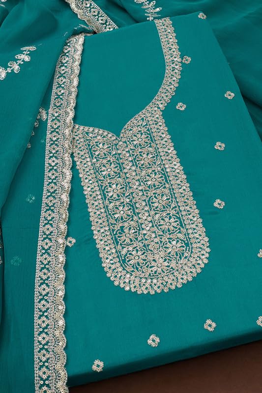 Soch Womens Teal Chinon Embroidered Unstitch Dress Material With Sequins