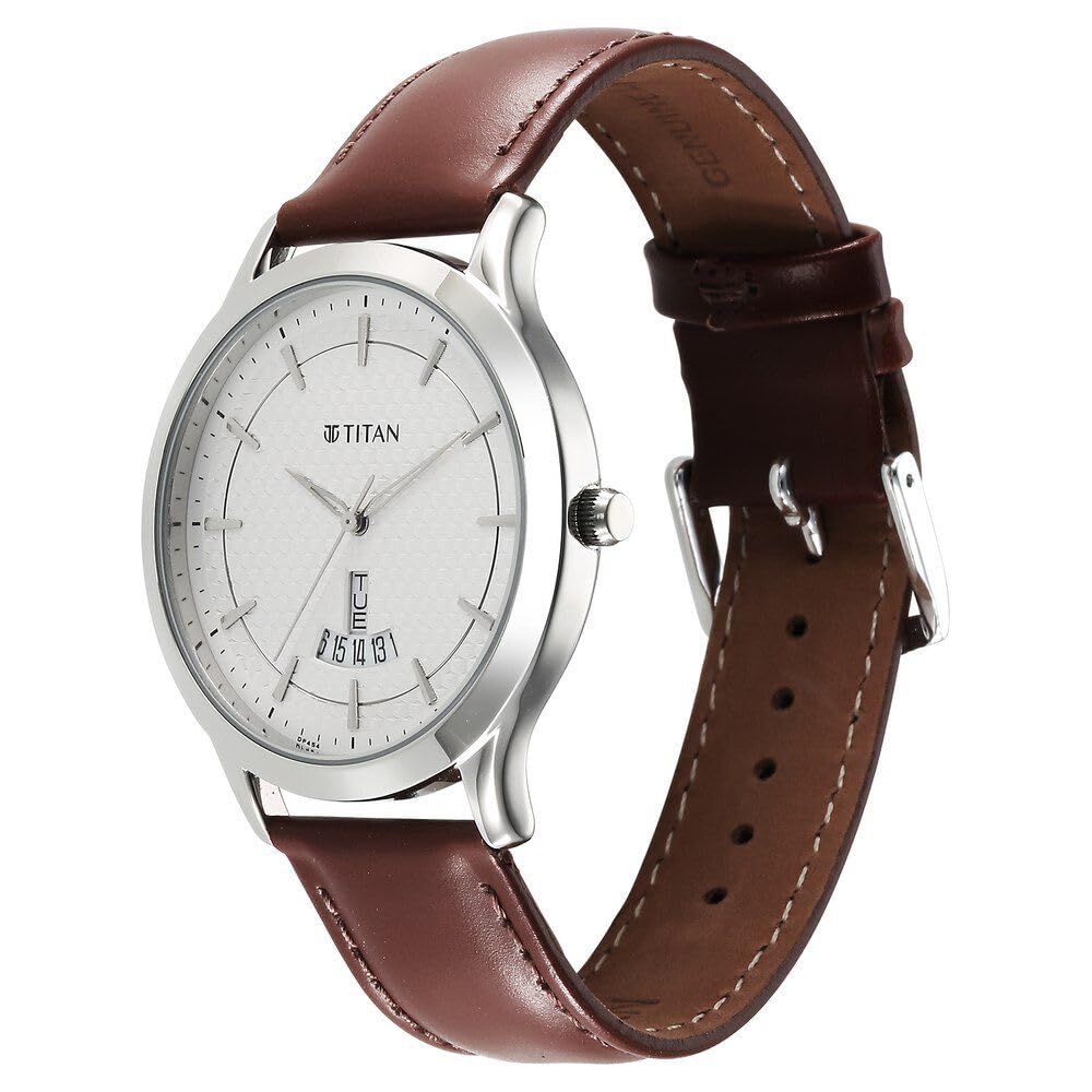 Titan Men Leather Analog White Dial Casual Watch, Band Color-Brown