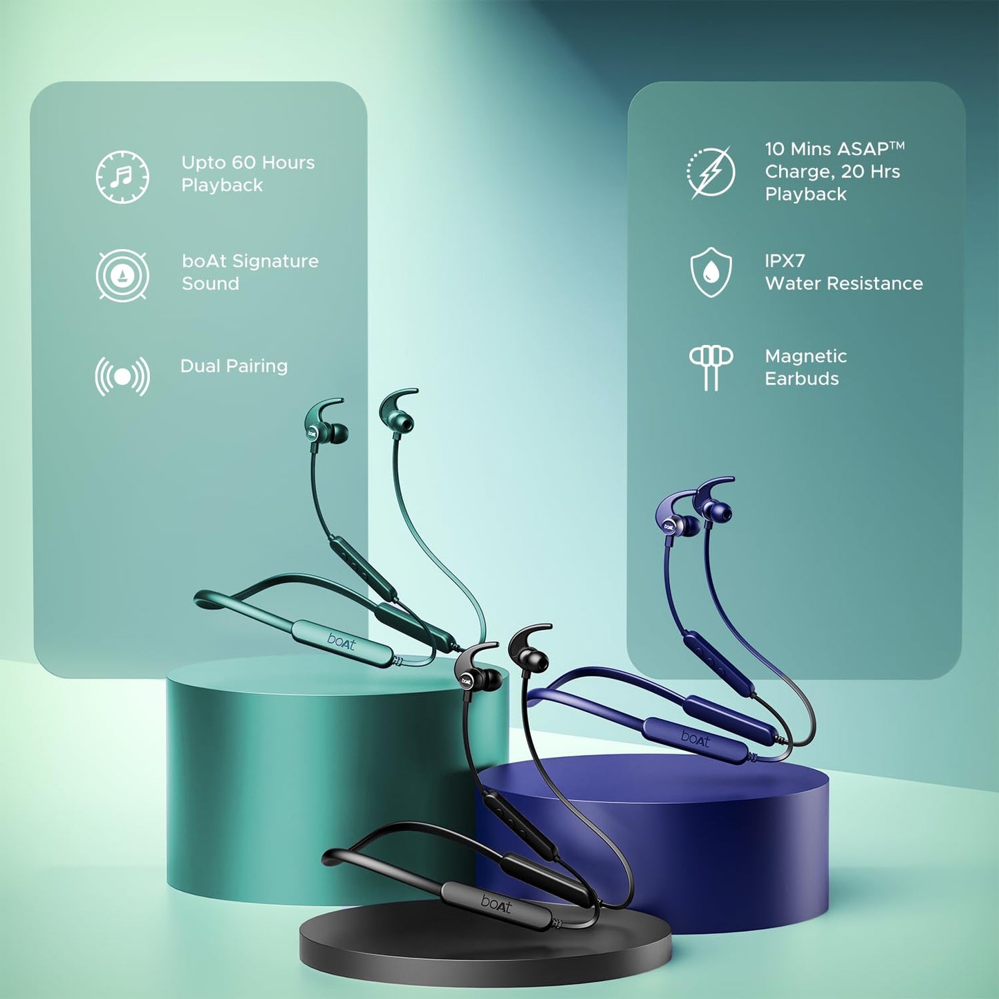 boAt Rockerz 255 Pro+, 60HRS Battery, Fast Charge, IPX7, Dual Pairing, Low Latency, Magnetic Earbuds, Bluetooth Neckband, Wireless with Mic Earphones (Teal Green)