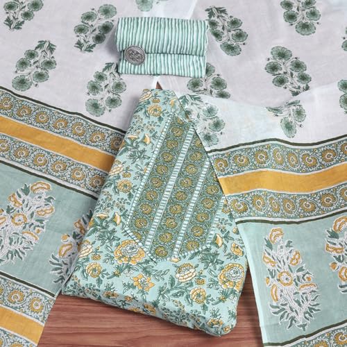 BIBA Women Green Cotton Screen Print Unstitched Suit Set_FREE SIZE