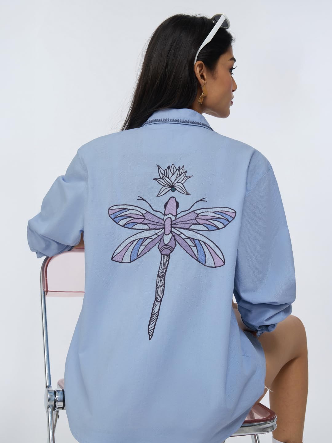 The Souled Store Cotton Linen: Wild Spirit Women and Girls Long Sleeves Collared Neck Button Front Blue Embroidered Lightweight Summer-Ready Cotton Linen Shirt for Casual Streetwear