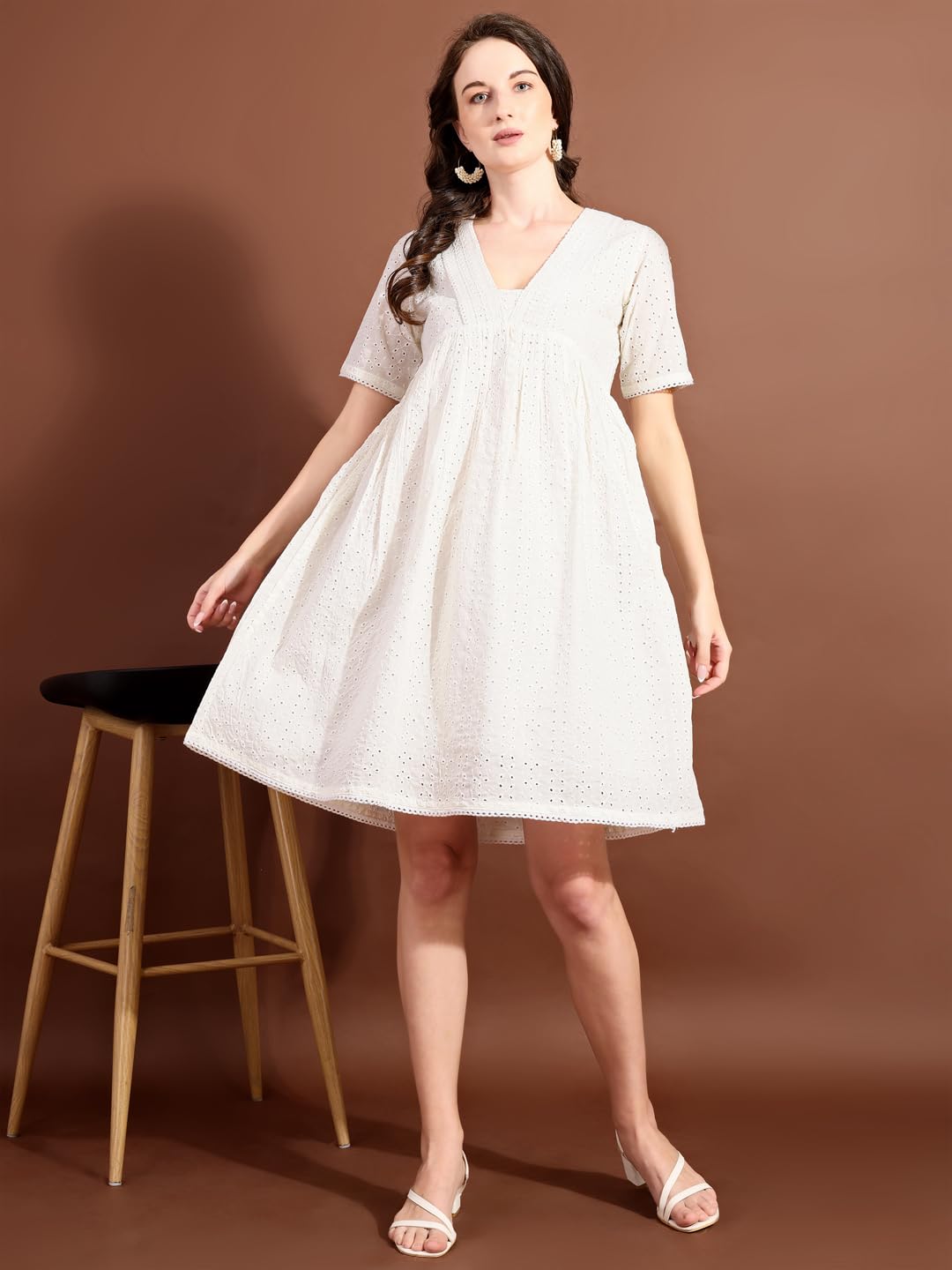 Womanista Women's Off White Cotton SCHIFLLI with CROCIO V-Neck LACE A-LINE Ethnic Dress Knee-Length