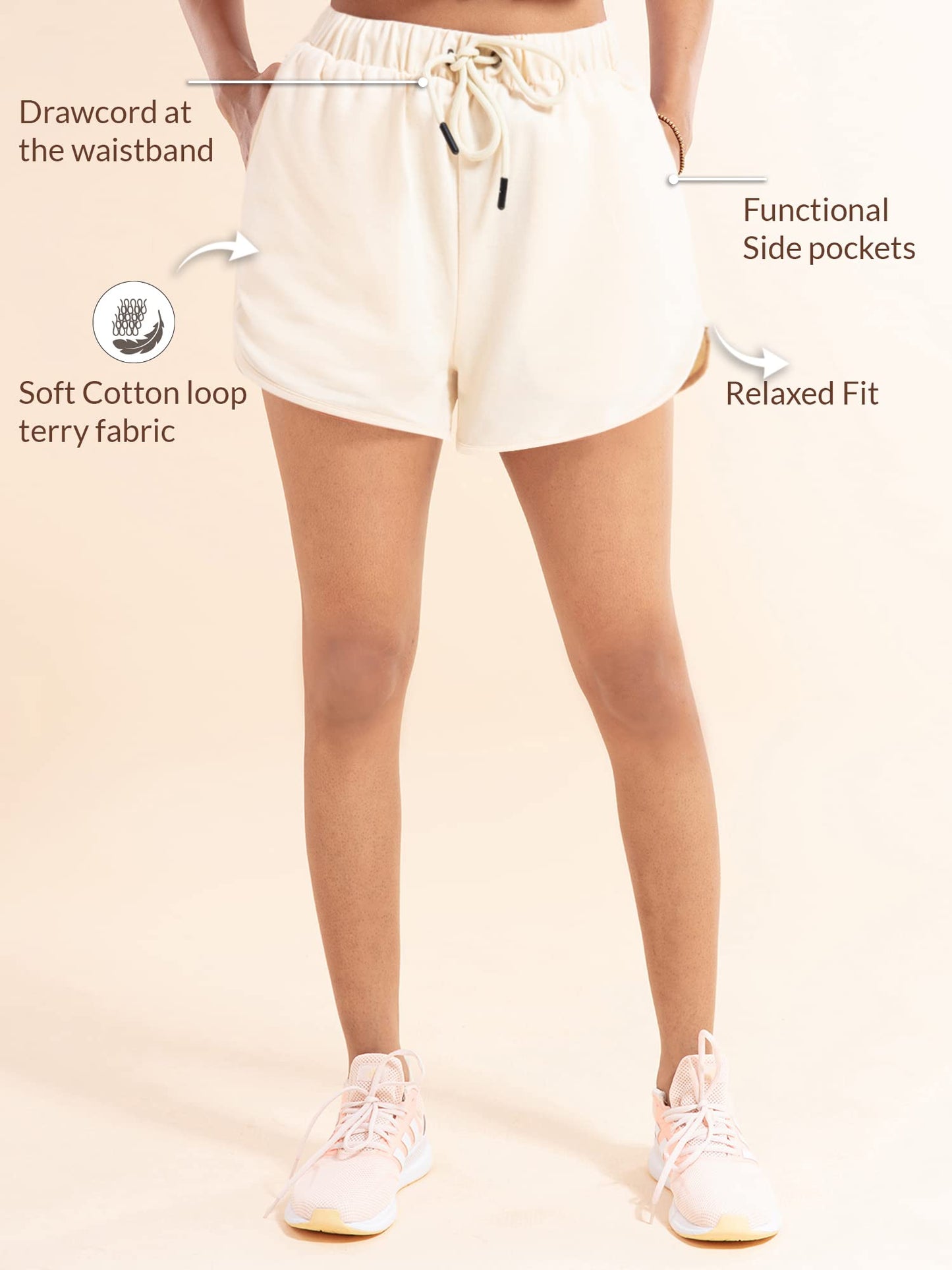 NYKD Solid Cotton Shorts for Women with Pocket | Casual, Sports, Night Wear Terry Shorts, NYK039, Ecru, L, 1N Beige