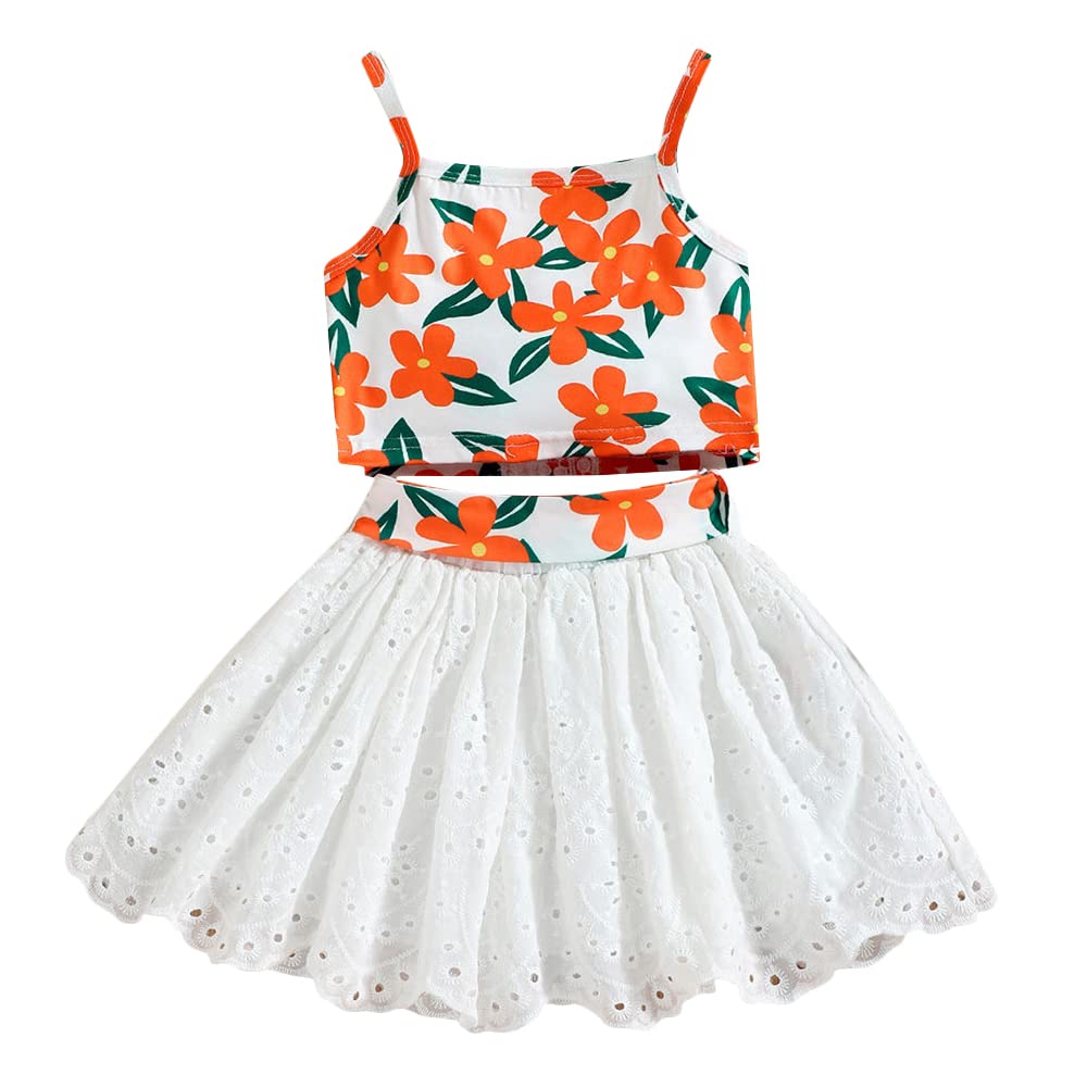 Hopscotch Polyester Girls Floral Print Slim Fit Blouseskirt Set In Orange Color For Ages 3-4 Years