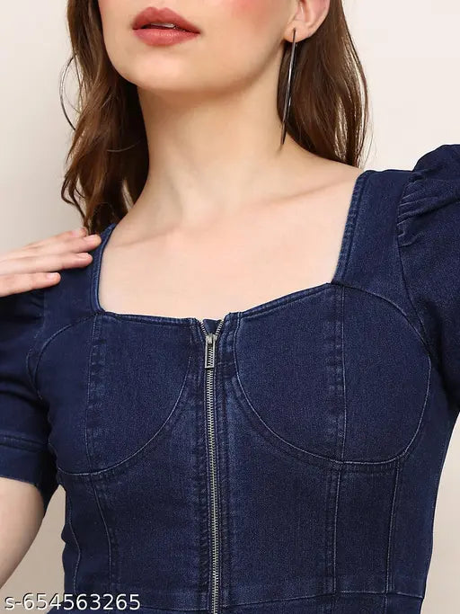 Globus Women Navy Blue Square Neck Puff Sleeves Zip Detail Mini Bodycon Denim Dress