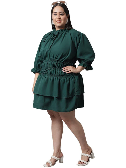 Flambeur Plus Size Green Solid Flared Short Dress for Women