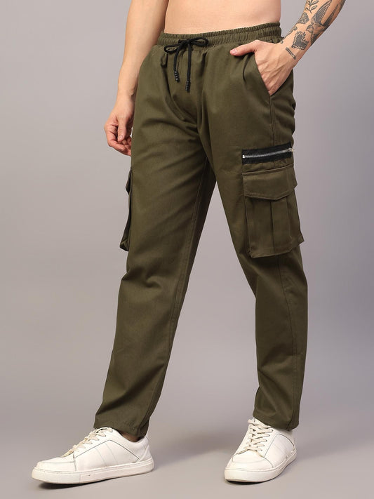 Sprouted Men's Cotton Blend Solid Multipocket Olive Cargo Pant