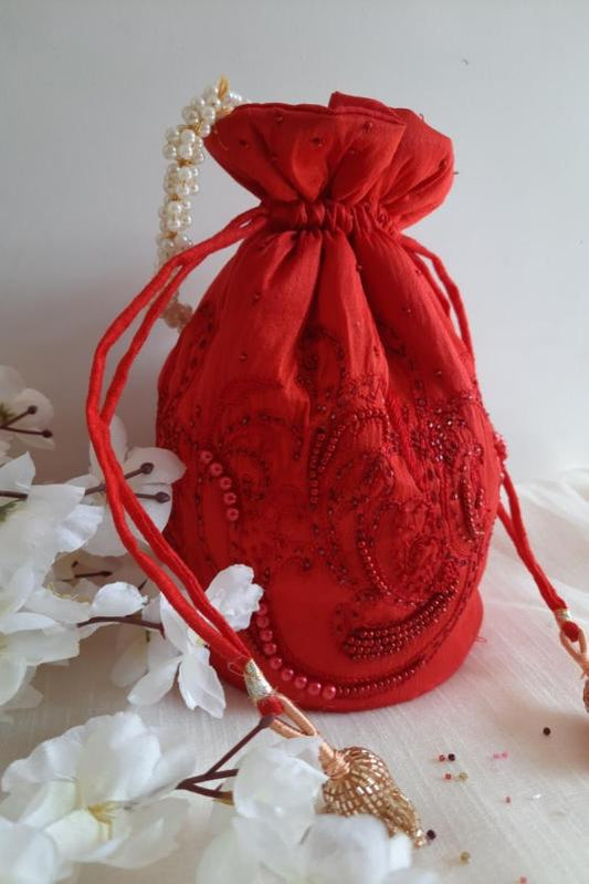 Pearl Embellished Red Round Potli Bag With Pearl Handle