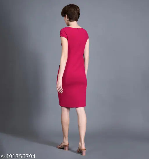 Miss Chase Women's Pink Solid V Neck Cap Sleeves Polyester Side Pocketed Knee Long Dress