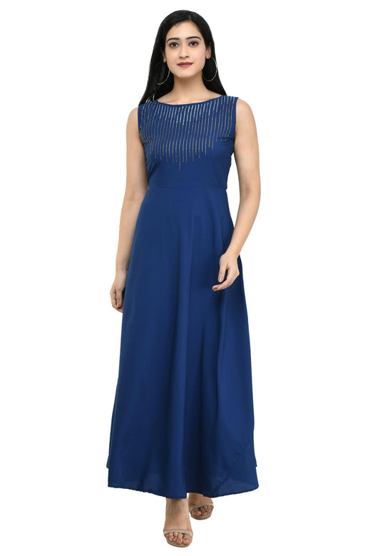 Oceanista Women's Crepe Embellished Partywear Navy Blue Maxi Dress