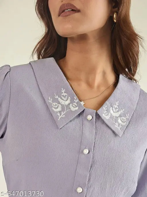 Women Lavender Collared Shirt with Contrast Embriodery