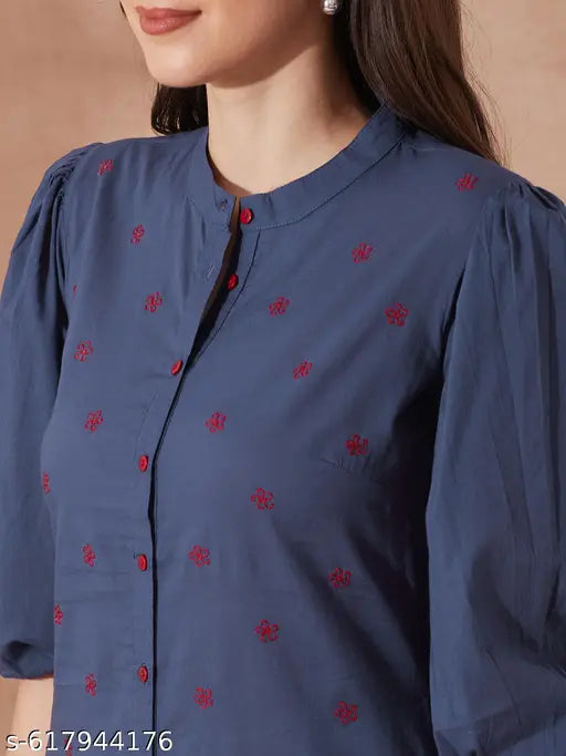 Globus Women Blue Round Neck Puff Sleeves Floral Embroidered Tiered Flared Hem Midi A-Line Dress