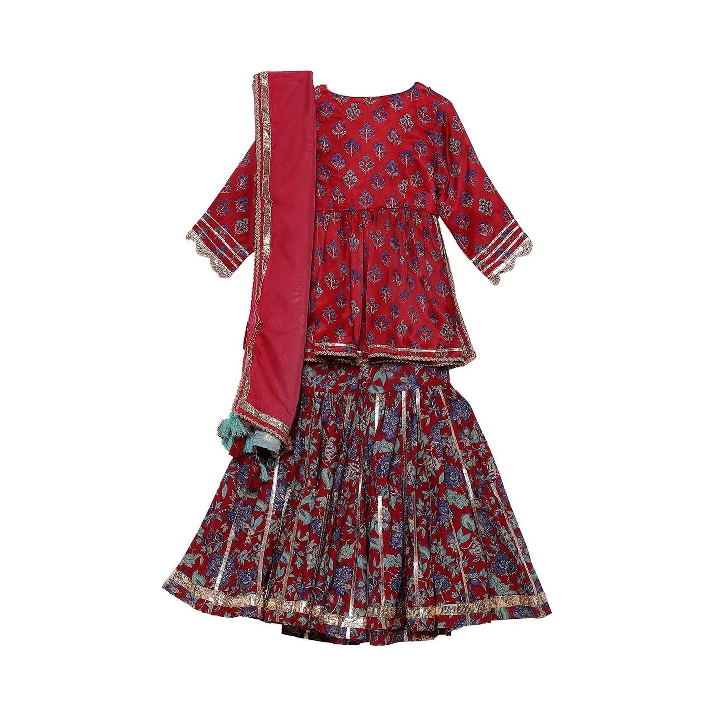 BIBA Girl's Rayon Kurta, Sharara, Dupatta (KWMNM6224AW24CHRYRD_Cherry Red