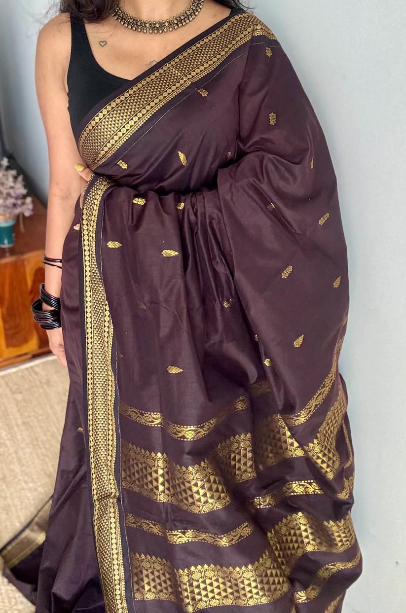 ILAIYAAL CLOTHINGS Women's Kanjivaram Cotton Silk Saree South Indian Paithani Sari | gadwal cotton sarees with Zari Border and Blouse Piece - Suitable For All Indian Occasions and Festivals Coffee01