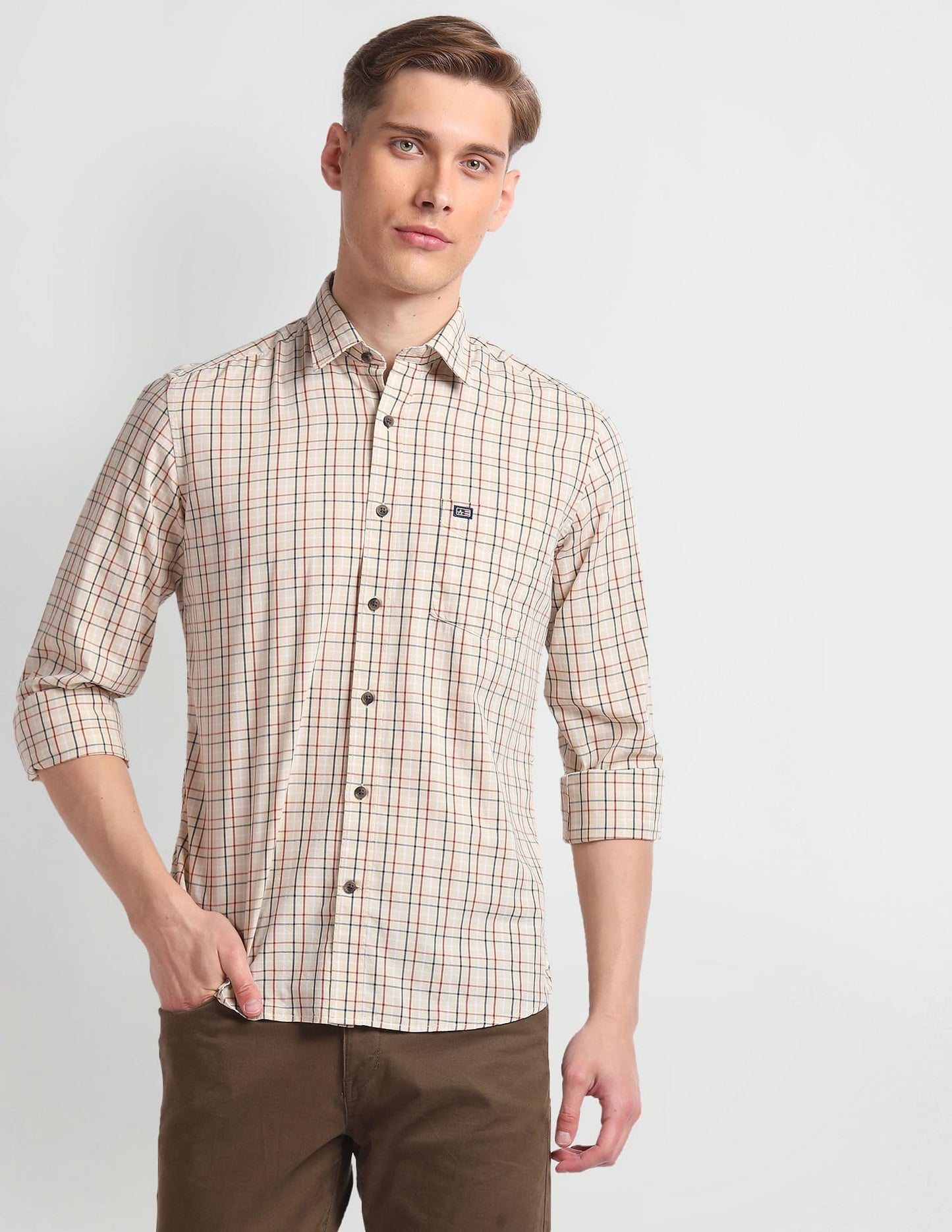 Arrow Men's Checkered Full Sleeve Slim Fit Point Collar Cotton Casual Shirt Beige