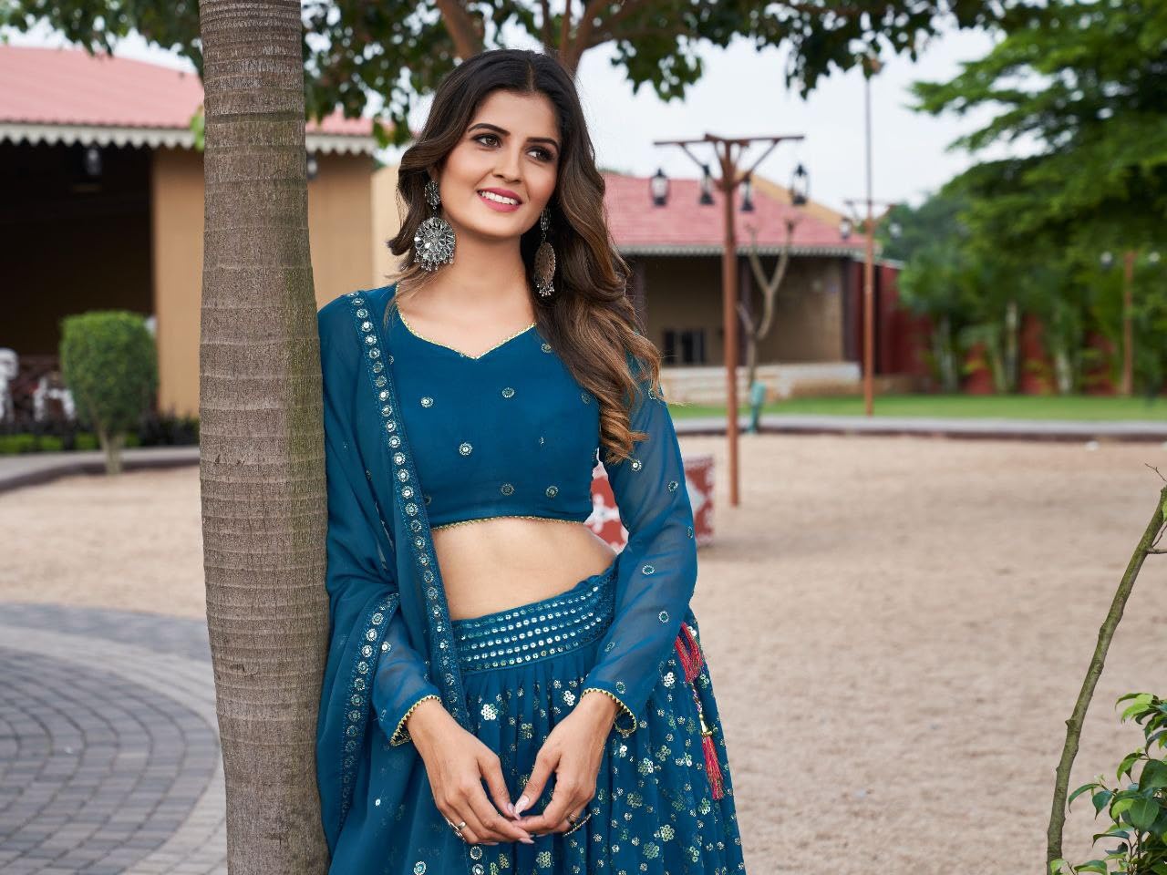 MUNIR Fashion Women's Beautiful Design 3mm Glitter & 7mm Twin Sequence Work Lehenga.(Blue)