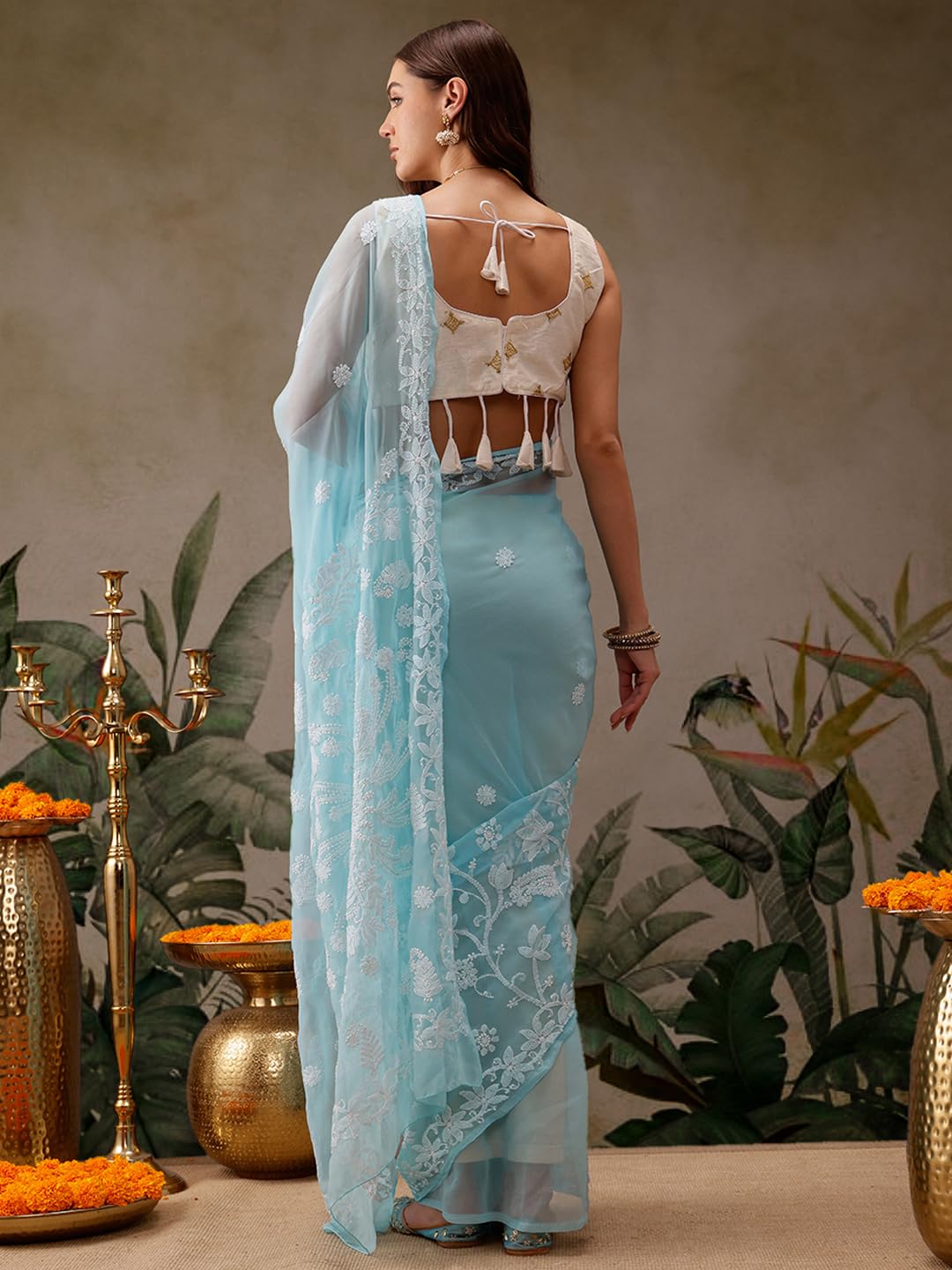 Ada Women's Hand Embroidered Faux Georgette Saree with Blouse Piece A130075 Blue