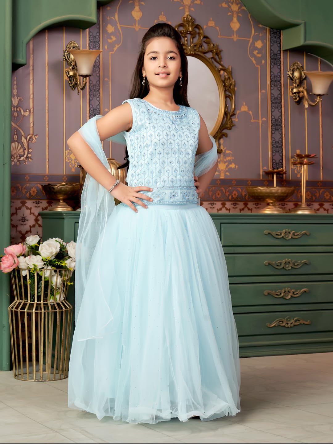 Aarika Girls Ethnic Wear Turquoise Colour Mirror Embroidery Net Lehenga Choli Set With Dupatta-3-13 Years (LCH-18273)