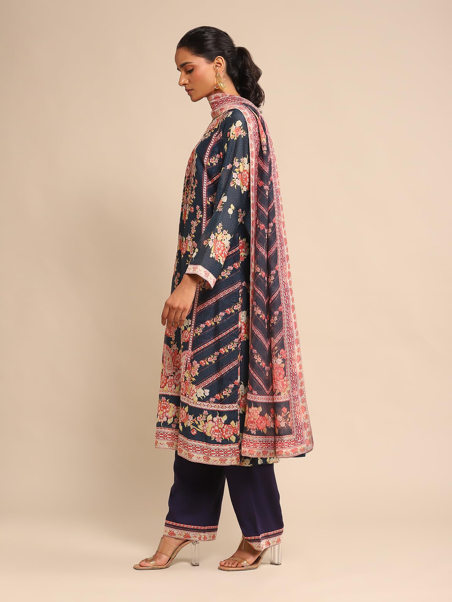 Ritu Kumar Navy Floral Print Chanderi Kurta With Palazzo And Dupatta