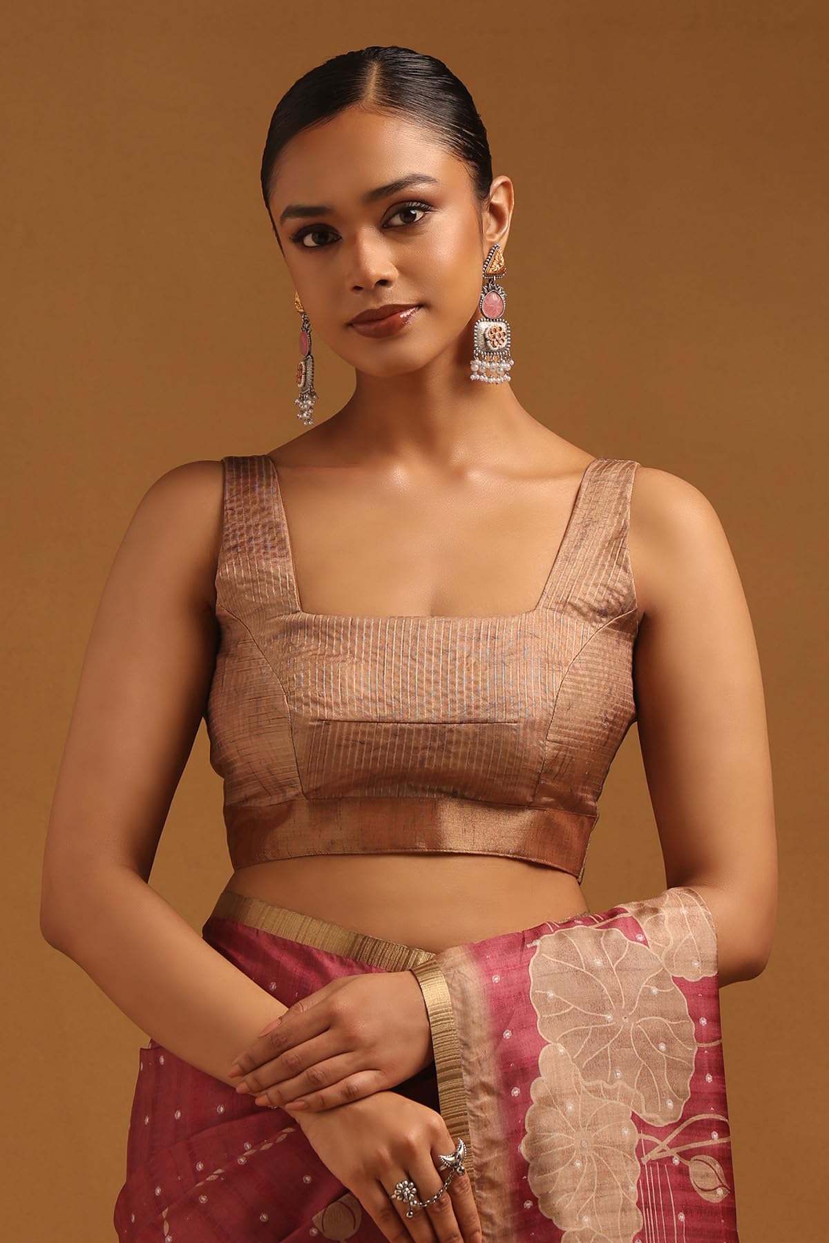 Soch Womens Onion Pink Tussar Botanical Saree