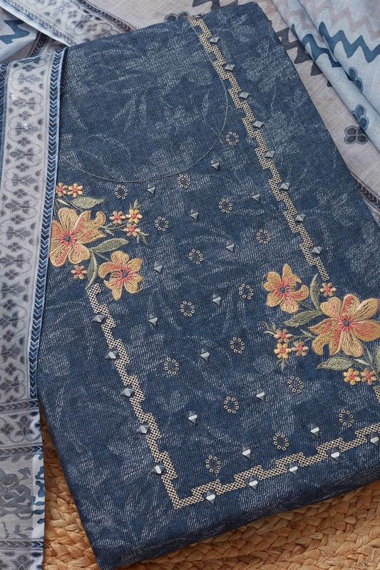 Soch Womens Indigo Linen Floral Unstitch Dress Material With Mirror Work