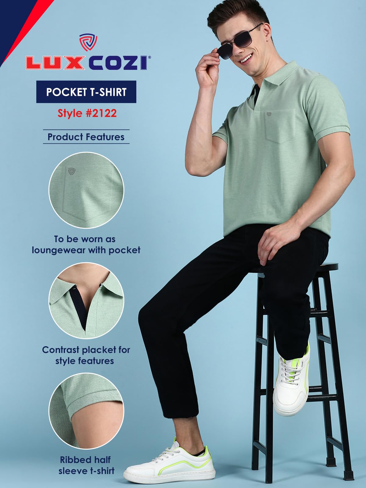 Lux Cozi Men's Half Sleeve Soild Casual T-Shirt with Chest Pocket_COZI_2122_MTGRN_L_1PC Mint Green