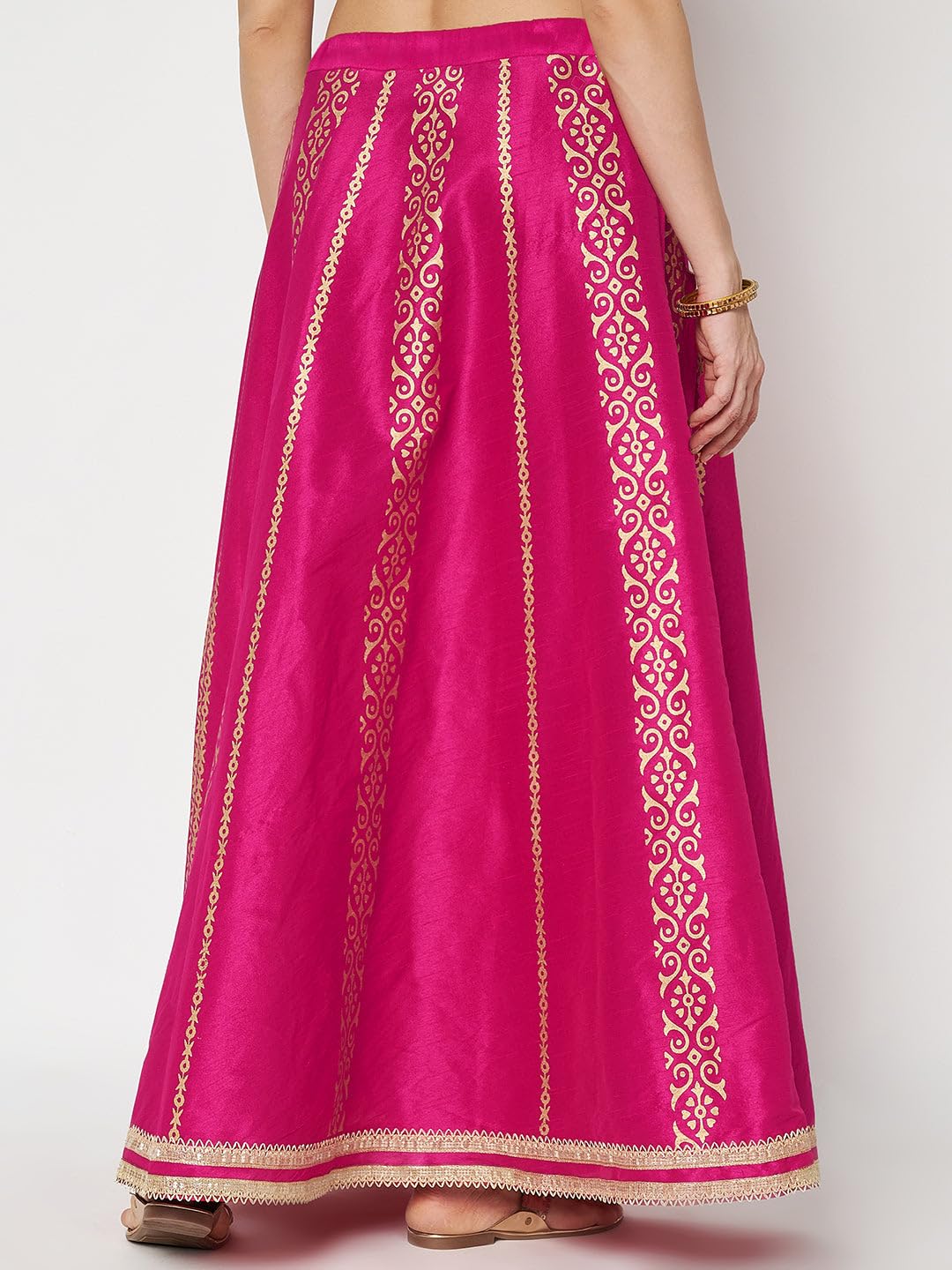 studio rasa Women's Dupion Hand Block Printed Embellished Bias Skirt for Wedding Festive Party (SKTC52412_Pink_X-Large)