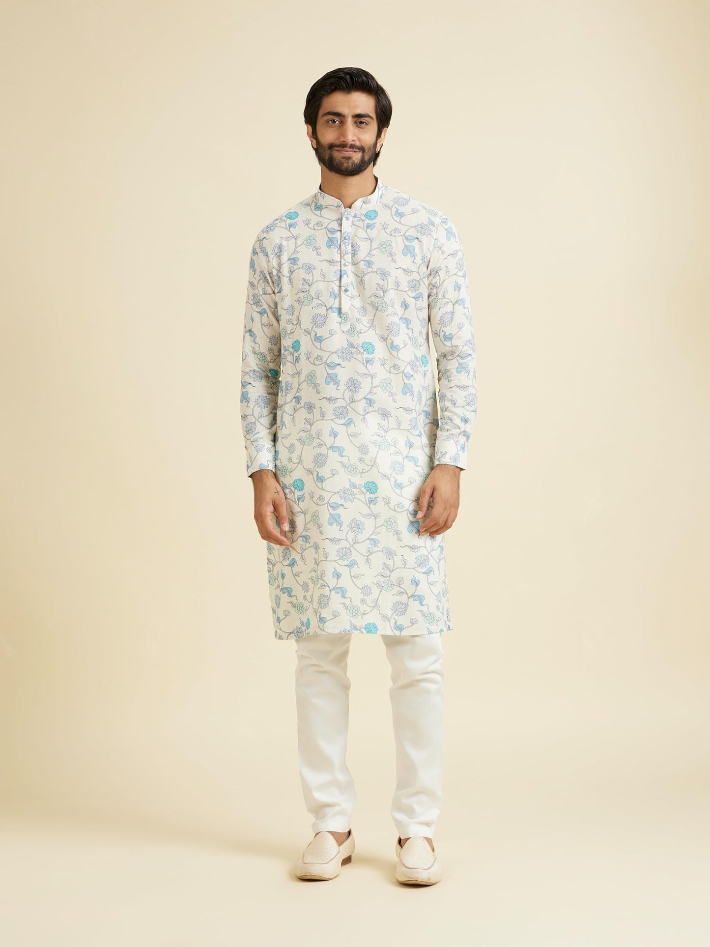 Manyavar Men's Linen Blend Floral Print Kurta(Aqua Green,XXL)