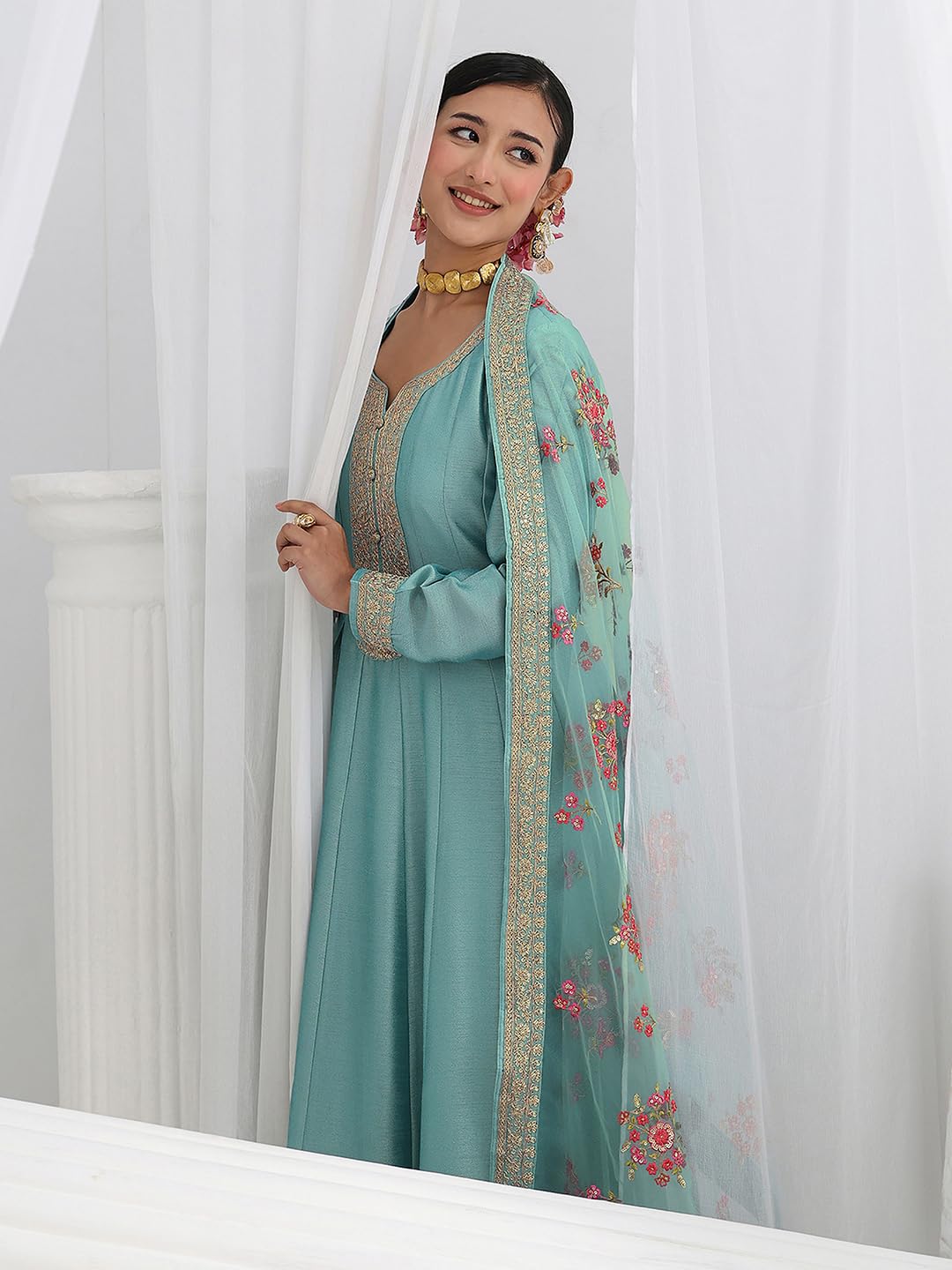 Libas Embroidered Silk Blend A-Line Ethnic Dress with Dupatta-93613XL