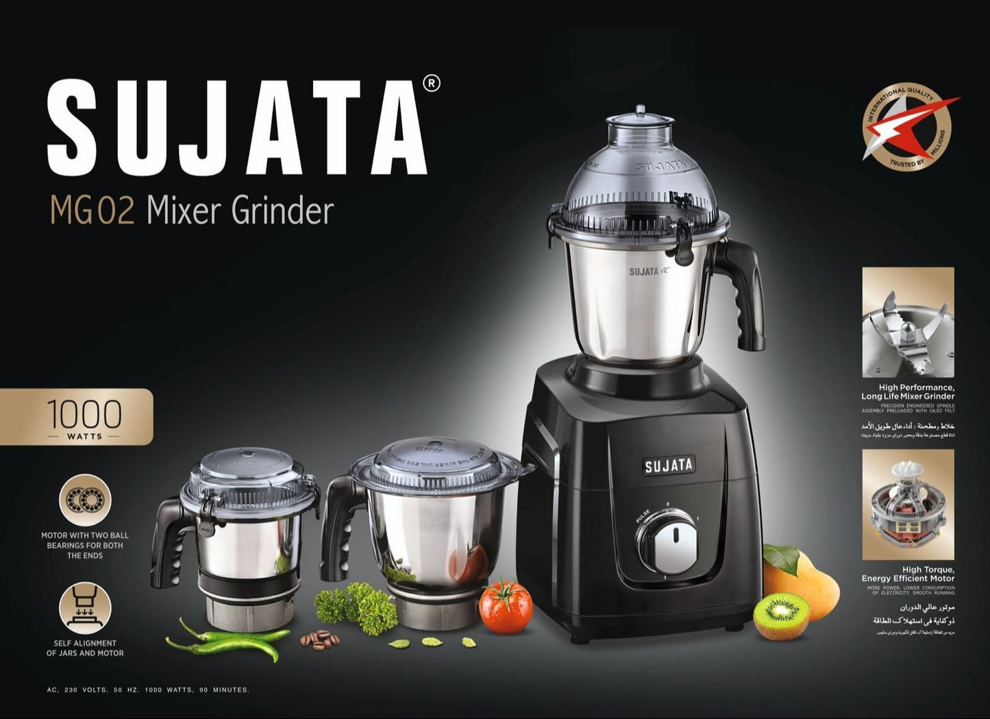 Sujata Mixer Grinder MG 02 1000W with 3 Jars, Black