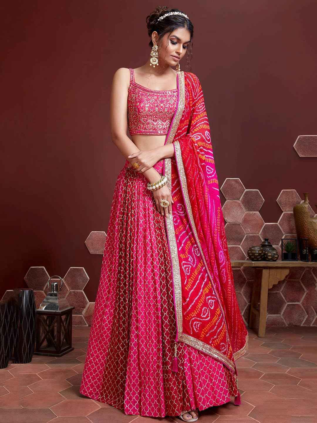 Zeel Clothing Women's Chinnon Silk Embroidered Semi-Stitched Lehenga Choli with Dupatta (105-Pink-New-Bridal-Lehenga-Latest; Free Size)
