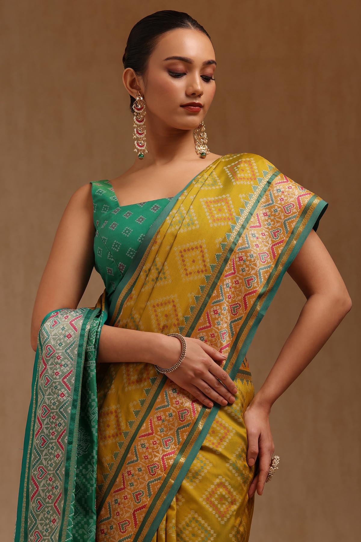 Soch Womens Light Green Silk Blend Woven Design Saree With Thread Work